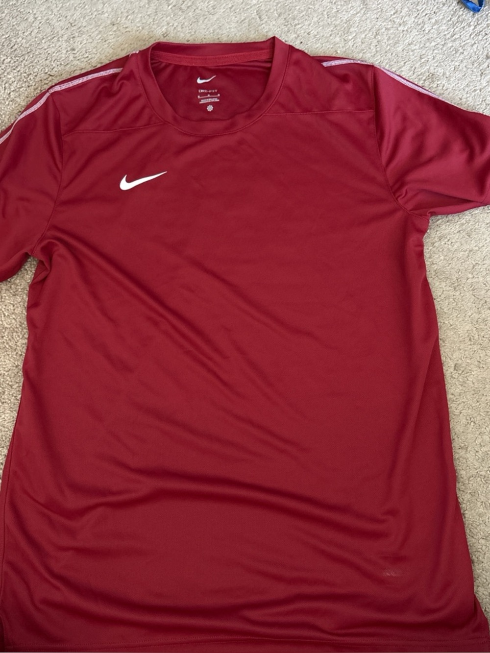 Nike Men’s Red Athletic Short-Sleeve Dri-FIT Shirt with White Swoosh